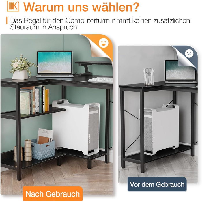 Ігровий стіл ODK L-подібної форми, 120x80 см L-подібний стіл з двосторонньою полицею, кутовий стіл із портом зарядки USB та розеткою, кутовий стіл із підставкою для монітора для офісу, домашній офіс, чорний 120x80 см