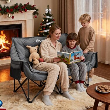 Складаний кемпінговий стілець/диван Portal для 2 осіб, вантажопідйомність 272 кг, суперм&39який з сумкою для зберігання, подвійний складний стілець/диван, товста підкладка, висока спинка для саду/балкона, сірий