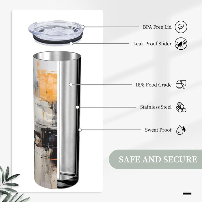 Кухоль з прямою трубочкою, 590 мл, сіро-жовтий, абстрактний художній дизайн, дорожній кухоль з принтом, підходить для кемпінгу, офісу та дому