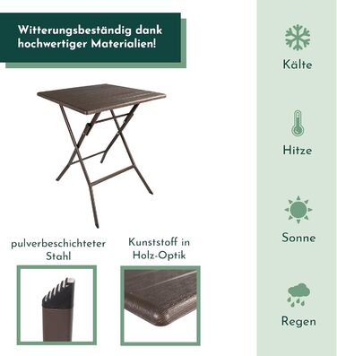 Розкладний стіл Lemodo з коричневою стільницею під дерево, балконний стіл 62 x 62 см (Д x Ш) Журнальний столик, вантажопідйомність до 40 кг, садовий стіл, міцний пластиковий стіл