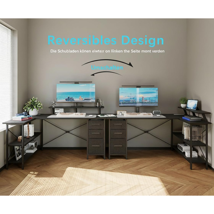 Г-подібний письмовий стіл з 3 тканинними шухлядами, 140 x 80 см. Двосторонній кутовий письмовий стіл з підставкою для монітора, розеткою та USB-портом для зарядки для домашнього офісу, чорний.