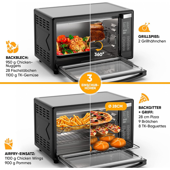 Міні-духовка Stillstern з конвекцією (35 л) Німецька версія, 13 програм, аксесуари деко, вертел, рукавички, LED-дисплей, 1600 Вт, тостер, гриль, піч для піци, міні-піч ідеально підходить для кемпінгу