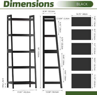 Книжкова полиця, 5-ярусна книжкова полиця-драбина з бамбуковим каркасом, окремостояча висока, вузька полиця для рослин для вітальні, кухні, спальні, балкону, чорна