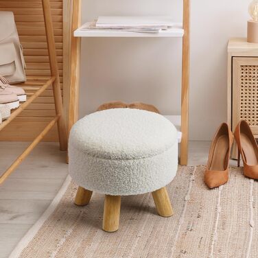 Пуф-підставка для ніг, маленький круглий пуф з місцем для зберігання, пуф з букле плюшевого оксамиту з дерев&39яними ніжками, м&39який пуф з місцем для зберігання для вітальні, спальні, (кремовий) (кремовий)