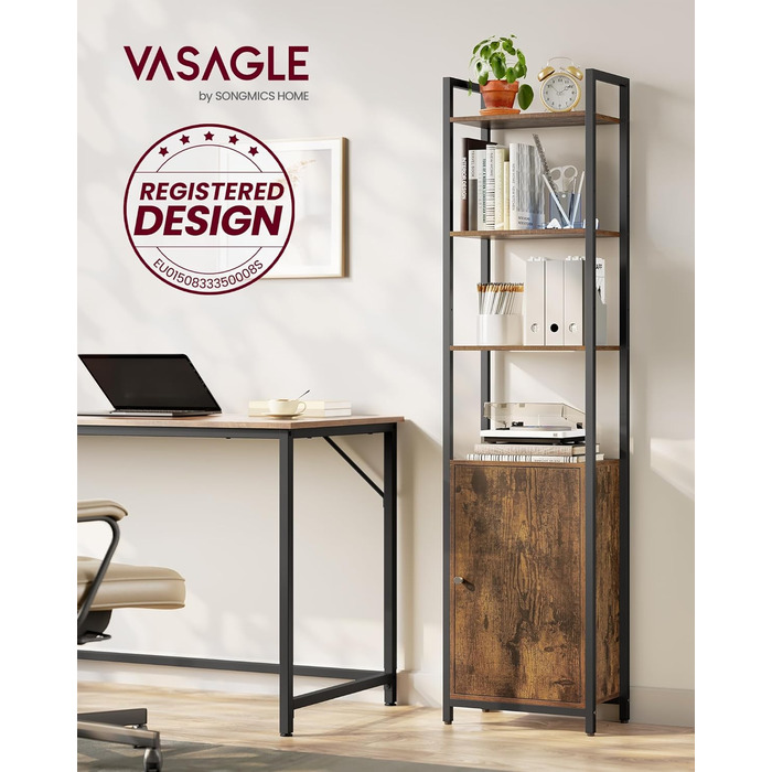 Книжкова полиця VASAGLE, 6 ярусів, полиця, окремостояча полиця з дверцятами, металевий каркас, регульовані полиці, 24 x 40 x 159,5 см, для вітальні, спальні, вінтажний коричневий-чорний LLS132K01 40B см Вінтажний коричневий чорнильний