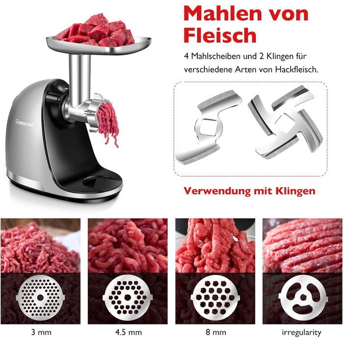 Аксесуари для м'ясорубки AMZCHEF для повільної соковижималки ZM1501 & GM3001 - ZM1501 Аксесуари - GM3001 Аксесуари - Без машини, в комплекті лише аксесуари - 3 леза, 4 ріжучі диски, 3 куточки для начинки ковбаси