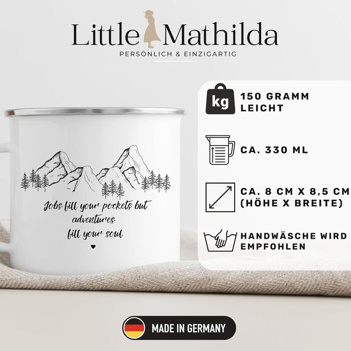 Емальована кружка &quotМаленька Матильда&quot з персоналізованою цитатою або приказкою, емальована кружка, подарунки для каравану для кемперів, емальована кружка, бляшана кружка для кемпінгу, аксесуари для каравану, прикраса для гір (заповнюють вакансії.)