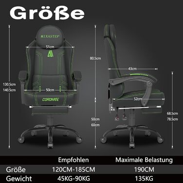 Ергономічне ігрове крісло з регульованою спинкою та функцією повороту на 360 - Офісне крісло для дорослих/молоді 150 кг, тканинне крісло з ПК зеленого кольору для домашнього офісу/ігор