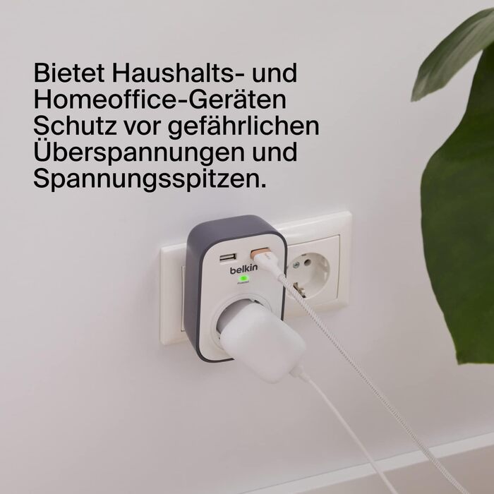 Розетка та захист від перенапруги, одностороння/1 вилка з захистом від перенапруги, захищена вилка з USB-роз'ємами x 2 (2,4 А), бі