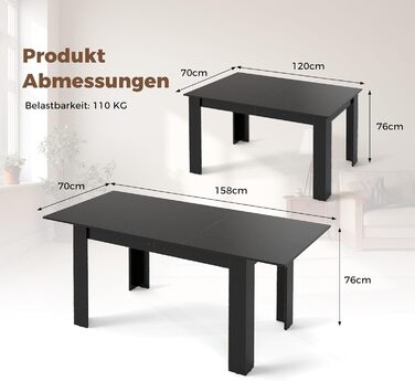 Розсувний обідній стіл COSTWAY, 120/158 x 70 см, Кухонний стіл для 4-6 осіб, Прямокутний обідній стіл для їдальні, Кухня, Чорний