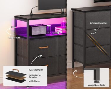 Комод Coleshome зі світлодіодною стрічкою, що змінює колір, та 2 розетками USB і 2 розетками змінного струму, комод із 7 тканинними шухлядами, підходить для спальні, вітальні, 132 * 30 * 89 см, чорний