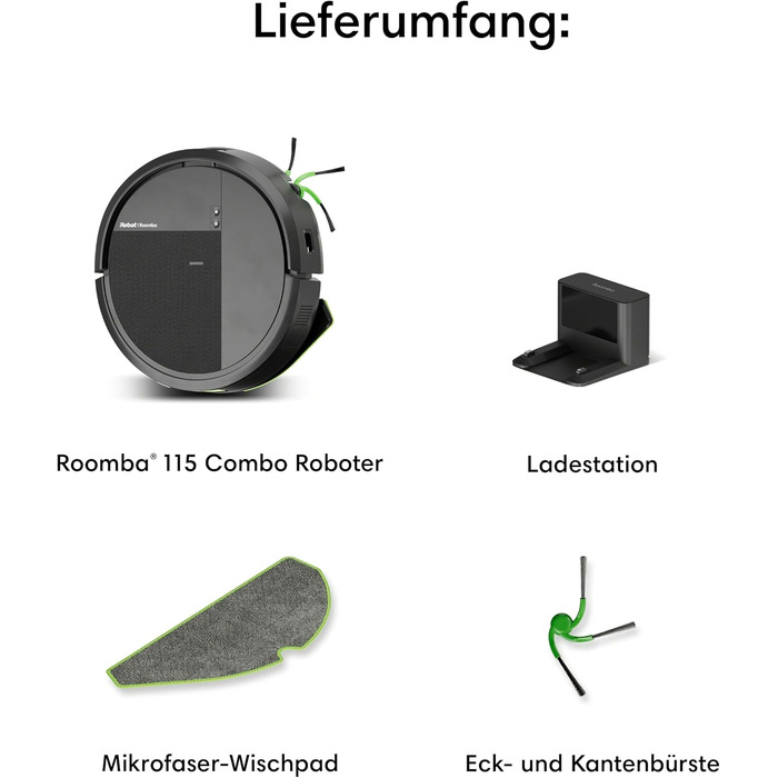 Робот-пилосос з функцією вологого прибирання iRobot Roomba 115 Combo, потужність всмоктування 15к Па, навігація Clearview LiDAR, чорний