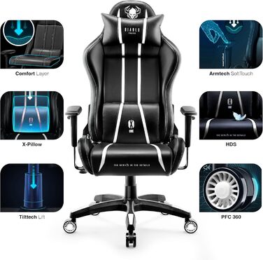 Геймерське крісло Diablo X-One 2.0, Геймерське крісло, Офісне крісло, Настільне крісло, Регульовані підлокітники, Ергономічний дизайн, Подушка для шиї/попереку, Функція гойдання, Чорний/Білий, Стандартний (L)