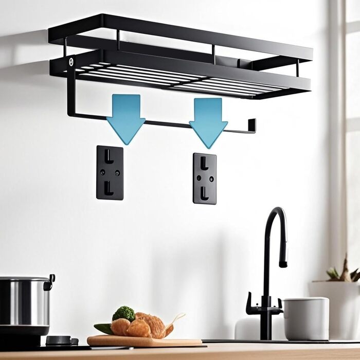 Настінна полиця для спецій, кухонна полиця без свердління, настінна полиця для кухні з 4 гачками та тримачем для кухонних пакунок для кухні, ванної кімнати, комода, полиці для спецій тощо