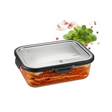 Контейнер для зберігання продуктів GEFU MILO - Розумний ланчбокс із моніторингом свіжості та споживання через додаток, Скло із силіконовою пломбою та застібкою Click, Контейнер для продуктів, Контейнер Tupperware, 1500 мл, Прямокутний, Чорний/Срібний