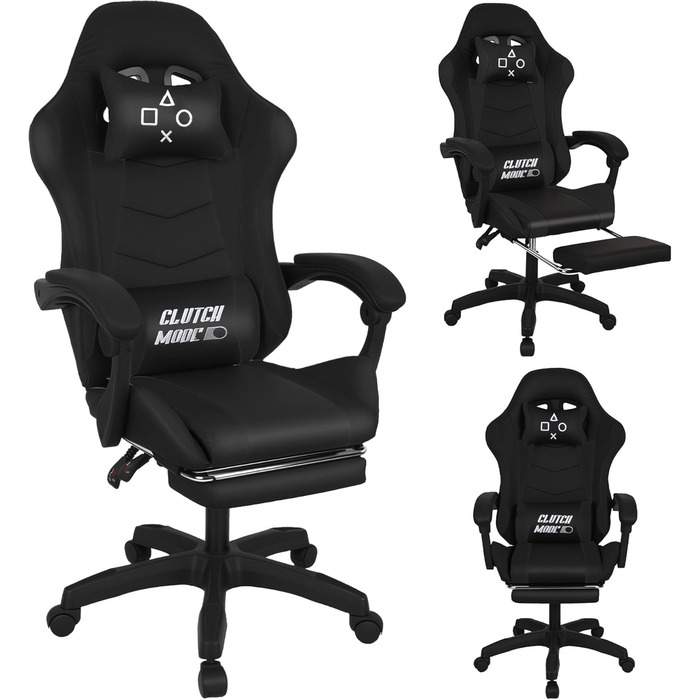 Ергономічне ігрове крісло FRANKYSTAR Clutch з поперековою подушкою, підголівником та підставкою для ніг з ПВХ, чорного кольору