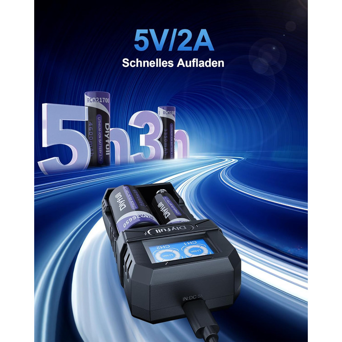 Зарядний пристрій Dlyfull 18650, універсальний зарядний пристрій для літій-іонних акумуляторів 3,7 В, портативний зарядний пристрій USB-C з РК-дисплеєм для 18650, 21700, 26650, 18500, 18350, 17670, 17500, 16340 тощо, 2 відсіки