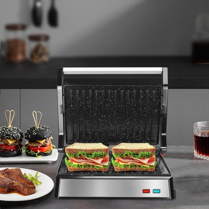 Контактний гриль для сендвічів, стейків і як гриль для паніні, бутербродниця з антипригарним покриттям, гриль паніні потужністю 1500 Вт зі знімною коробкою для збору масла, відкривання на 180.