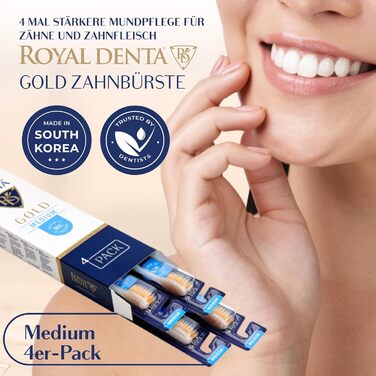 Зубні щітки Royal Denta Gold Medium 4 Pack - щетина подвійної довжини для чищення міжзубних проміжків, частинки золота проти бактерій, видалення зубного каменю, середньої міцності, багатобарвна