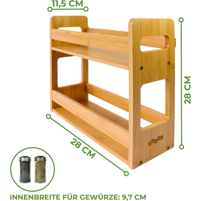 Бамбукова підставка для спецій для настінного або окремого використання, кухонна полиця з 2 місткими полицями, 28 x 28 x 11,5 см, підставка для спецій для зберігання контейнерів для спецій та трав (сучасна велика)