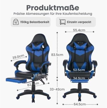 Геймерське крісло з функцією масажу та підставкою для ніг - Ергономічне офісне крісло з опорою для голови та попереку, регулювання висоти, поворот на 360, вантажопідйомність 150 кг, гоночний дизайн, чорний/синій, 116,5 x 52,0 x 64,5 см