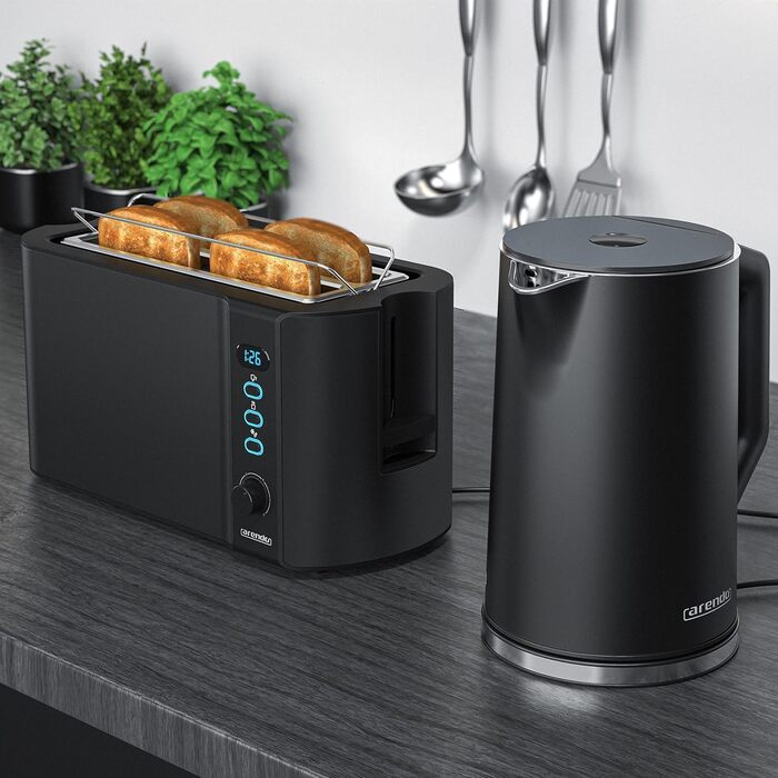 Чайник з тостером SET Нержавіюча сталь чорний, чайник 1,5 л 40 100C Тостер з функцією збереження тепла 4 скибочки LED-дисплей 6 градусів насадки для засмаги