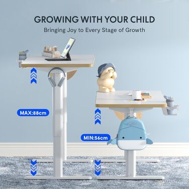 Дитячий письмовий стіл FLEXISPOT, з електричним регулюванням висоти, для дітей віком від 6 років, зі світлодіодним дисплеєм висоти, 3 положеннями пам&39яті, блокуванням від дітей та ергономічною стільницею, 110 x 52 см, білий