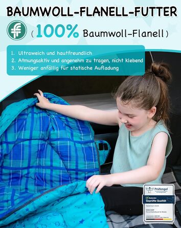 Дитячий фланелевий спальний мішок KingCamp, легкий, водонепроникний та компактний, зимовий спальний мішок, 4-сезонний спальний мішок-ковдра, аксесуар для кемпінгу, підходить для дітей зростом до 140 см, комфорт 7C, блакитне регулювання довжини