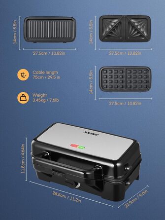 Сендвіч-машина HOUSNAT 3 в 1 - вафельниця, контактний гриль, сендвіч-машина - 1200 Вт з 5-швидкісним регулюванням температури - для бельгійських вафель - Антипригарне покриття - ідеально підходить для сніданку, кемпінгу та багато іншого Чорний