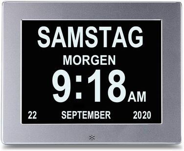 Цифровий будильник Ykall, Літній годинник 8 дюймів, Цифровий календар Денний годинник для людей з деменцією з вадами зору для читання, дітей, людей похилого віку, пацієнтів з вадами зору та хвороби Альцгеймера (срібло)