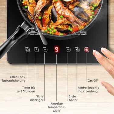 Індукційна варильна поверхня KESSER Індукційна варильна поверхня 1 тарілка 2100 Вт портативна 28 см 3 тканини з мікрофібри книга рецептів, 9 налаштувань нагріву, 8-годинний таймер, сенсорне керування, функція бустера 220-240 В Конфорки - 1