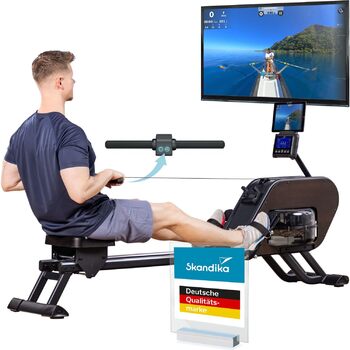 Гібридний гребний тренажер Skandika Nemo III Опір воді та магніту, 32 рівні електричного опору, 15 програм, до 200 см, сумісний із додатком, окремостоячий Водний гребний тренажер, домашнє фітнес-обладнання, дерев&39яний