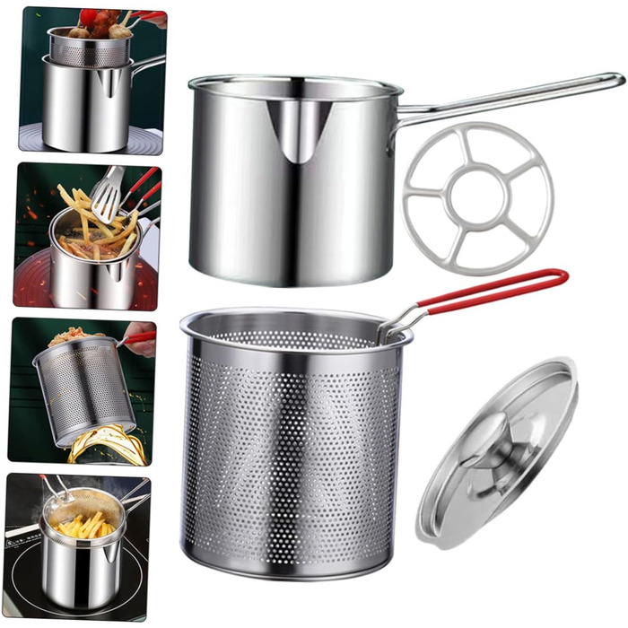 Комплект фритюрниці з нержавіючої сталі для дому Міні-сковорода Портативна плита Кошик для фритюрниці тако Японська фритюрниця темпура Маленька глибока фритюрниця Кошик для фритюрниці з горщиком, 1