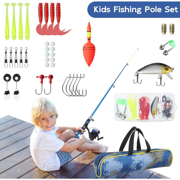 Рибальський набір для дітей, телескопічна вудка та котушка 180 см, дитячий стартовий набір для риболовлі, набір вудок для дітей з рибальською котушкою, набір приманки та сумки для перенесення, рибальські аксесуари для дітей, синій