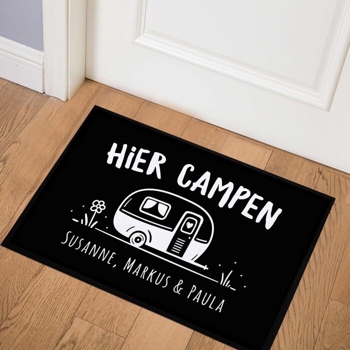 Персоналізований килимок для кемпінгу з іменем родини, чудовий подарунок для власників караванів, нековзний та миється, чорний, 60x40 см, ідеально підходить для кемпінгу.