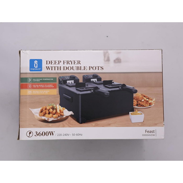 Велика подвійна фритюрниця Aigostar з 2 кошиками, 6-літрова фритюрниця з функцією холодної зони, 3600 Вт, оглядове вікно, регульований рівень нагріву до 190C, міцна та проста в догляді, чорна