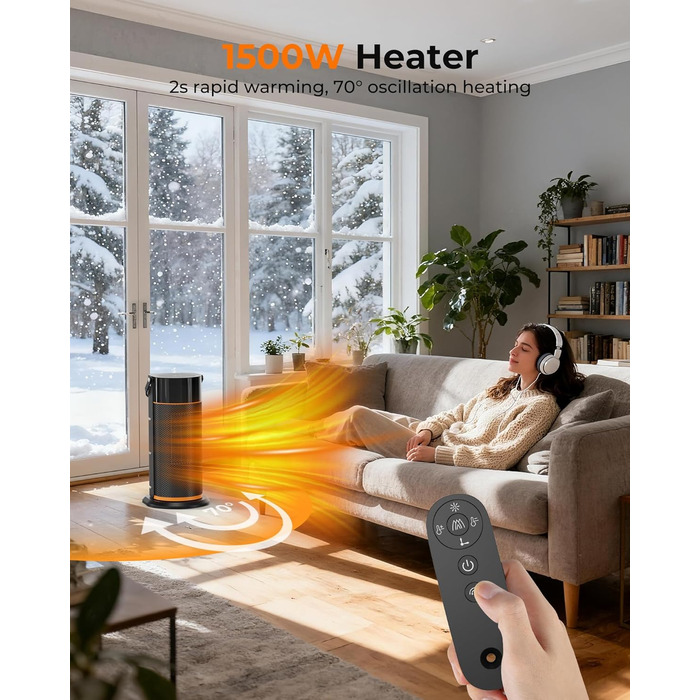 Енергозберігаючий електричний вентилятор-обігрівач - тихий керамічний вентилятор-обігрівач PTC потужністю 2000 Вт, 4-швидкісний нагрів, таймер 9 годин, пульт дистанційного керування, режим ECO, коливання 70, захист від перегріву та перекидання, чорний