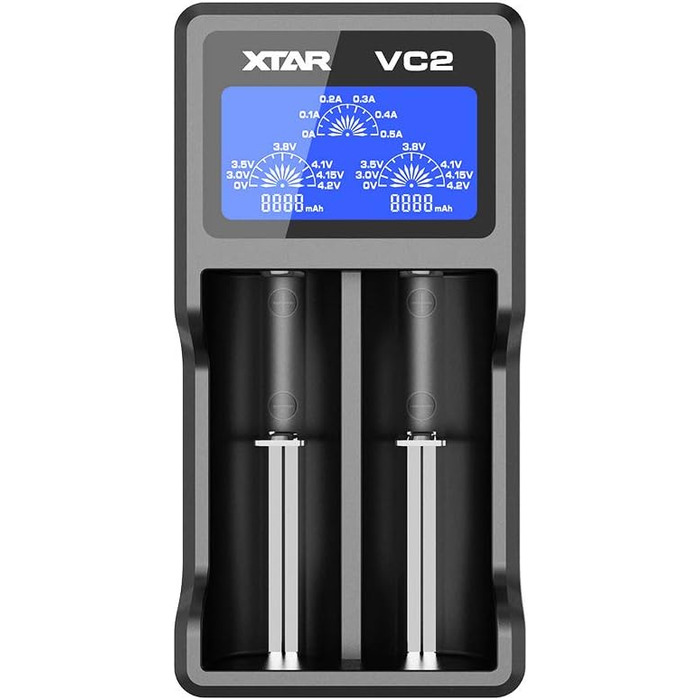 Зарядний пристрій XTAR VC2 Premium UB з РК-дисплеєм (оновлення MC Eries) 18350 18500 18650 18700 14500 16340 17500 для літій-іонних акумуляторів (батареї не входять до комплекту), розмір S