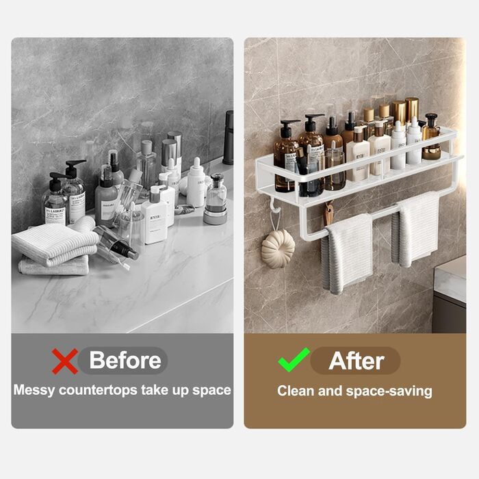 Полиця для душу Devesanter, 2 шт., 40 см, без свердління, для ванної кімнати, з тримачем для рушників та 4 гачками для спальні, вітальні, кухні та ванної кімнати (біла) 40 см