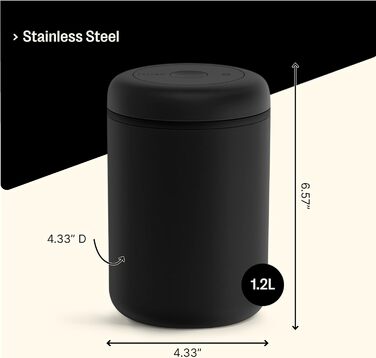 Вакуумний контейнер Fellow для зберігання кави та продуктів, вбудований вакуумний насос, герметичне ущільнення, 1,2 літра, матово-чорний.