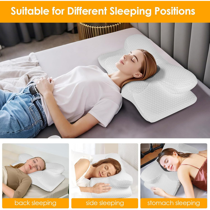 Подушка для шиї з піни з ефектом пам&39яті, ергономічна ортопедична подушка, регульована по висоті, подушка для сну на боці, спині та животі - 63 x 34 см x 9/12 см, біла