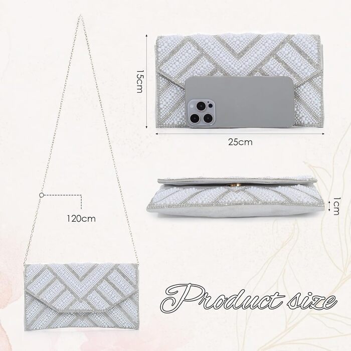 Клатч жіночий з перлами та стразами Перлина - елегантна вечірня сумочка на ланцюжку для весілля, випускного та святкових заходів, сріблястий