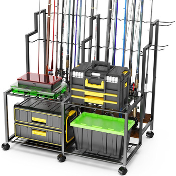 Тримач для вудок для гаража з котушками Місткість 24 вудки місце для зберігання рибальських аксесуарів Підставка для вудок для гаража, човна та дому Ідеально підходить для рибалок та рибальських груп (великий)