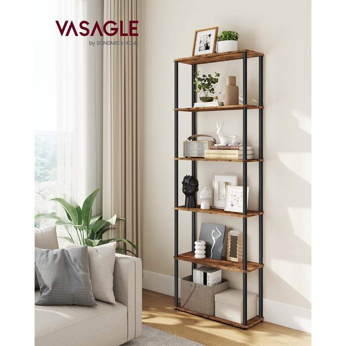 Надзвичайно швидке складання без інструментів, 6-рівнева полиця, окремостояча полиця для зберігання, 23,8 x 60 x 173,4 см, вітальня, спальня, кухня, вінтажний коричнево-чорний колір LLS166K01 6 рівнів (60Ш см)