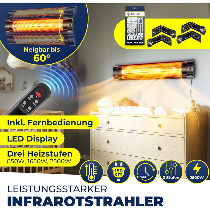 Інфрачервоний обігрівач KESSER потужністю 2500 Вт з пультом дистанційного керування, 3 режими нагріву, миттєвий нагрів, настінне кріплення, обігрівач для патіо, кварцовий обігрівач, обігрівач для патіо, захисний чохол, таймер - чорний