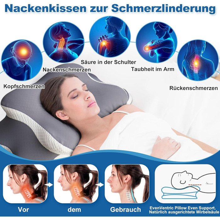 Подушка для шиї - Ергономічна подушка для сну на боці, спині та животі, подушка з піни з ефектом пам&39яті з функцією охолодження, знімна наволочка (сіра)