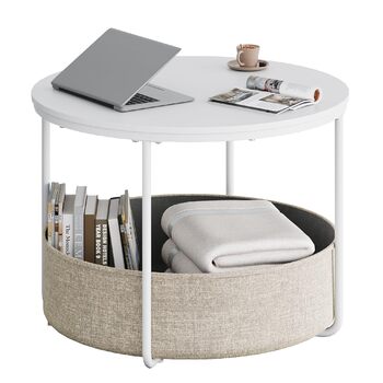 Круглий білий журнальний столик WLIVE, столик для вітальні з тканинним кошиком, металевий каркас, журнальний столик для вітальні з диваном, діаметр 60 дюймів, журнальний столик для вітальні, спальні (білий, діаметр 60 дюймів)