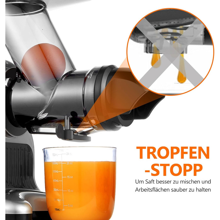 Соковижималка AMZCHEF з великим жолобом подачі 80 мм - Соковижималка 150 Вт Повільна соковижималка з 2 режимами швидкості та функцією повернення - Соковижималка для цілих овочів та фруктів Переможець тесту - Silver Juicer Silver