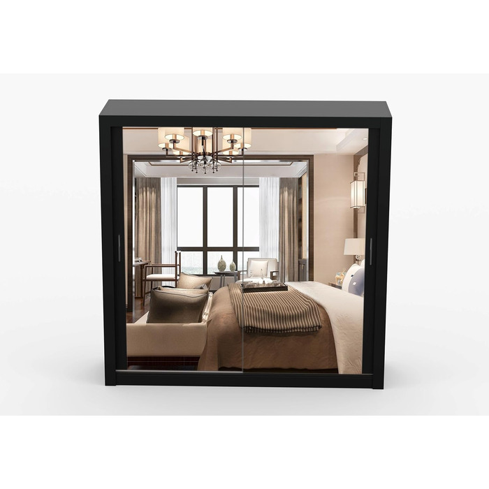 Шафа з дзеркалом - Шафа з розсувними дверима - Шафа для спальні - 64 x 203 x 215 см - Шафа для вітальні - Вішалка для одягу, Шафа з двома дверима, Сучасна 200 см Чорного кольору