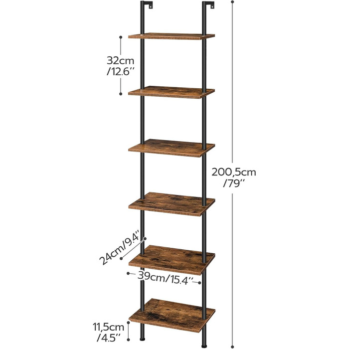 Полиця-драбина HOOBRO своїми руками, 6-ярусна настінна книжкова полиця, вузька книжкова полиця, полиця для демонстрації, полиця для зберігання, підставка для рослин, для вітальні, кабінету, вінтажний коричневий EBF651CJ01 39 x 24 x 200,5 см темно-коричнев